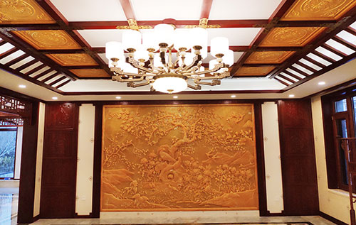 城中中式别墅客厅中式木作横梁吊顶装饰展示